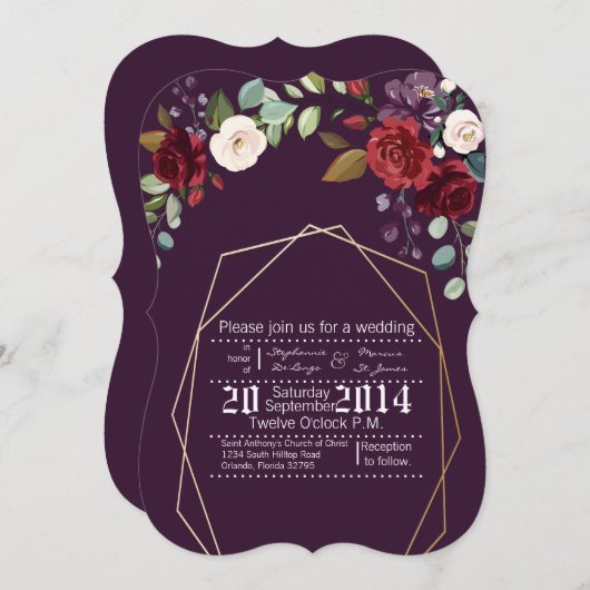 5x7 bruiloft uitnodiging pruim Paarse Rozen gouden (Voorkant / Achterkant)