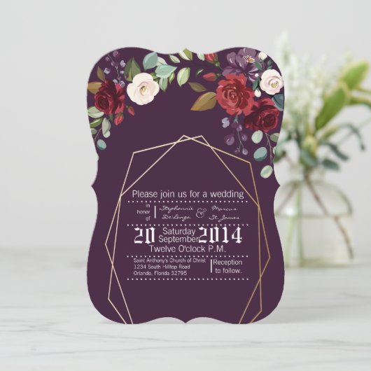 5x7 bruiloft uitnodiging pruim Paarse Rozen gouden (Staand voorkant)