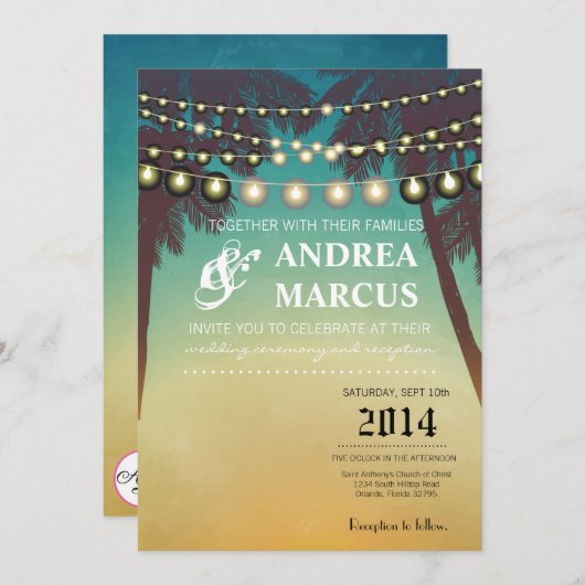 5x7 bruiloft uitnodiging strand zonsondergang palm (Voorkant / Achterkant)