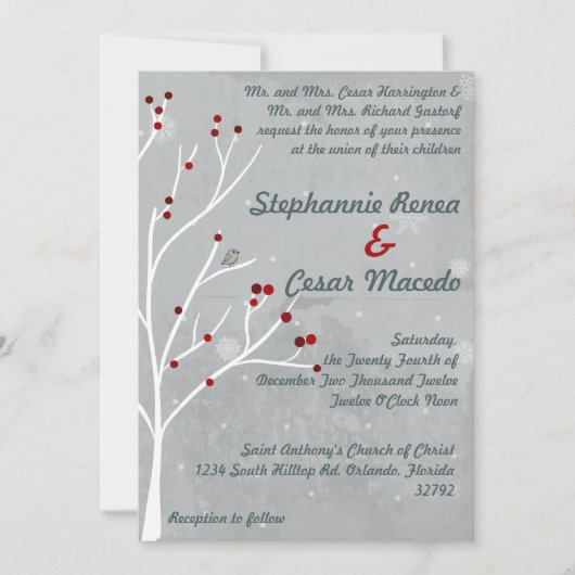 5x7 bruiloft uitnodiging witte Holly Berry Tree Wi (Voorkant)