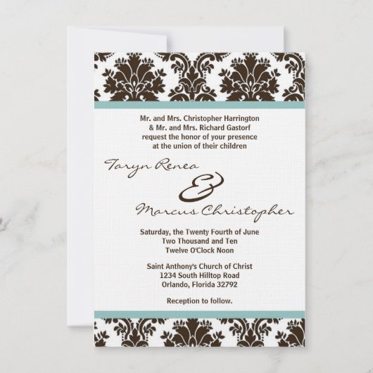 5x7 Bruin Damask Lace Linen Wedding Invite Kaart (Voorkant)