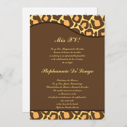 5x7 Bruin Geel Luipaard Quinceanera Party Uitnodig Kaart (Voorkant / Achterkant)