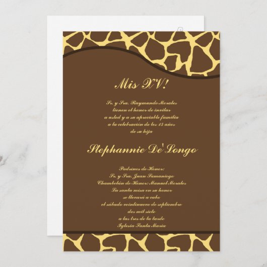 5x7 Bruin Gele Giraffe Quinceanera Party Uitnodige Kaart (Voorkant / Achterkant)