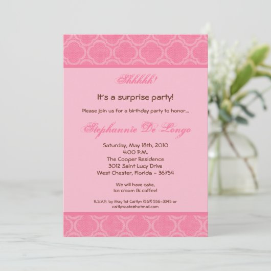 5x7 Bubblegum Damask Imprimer Invitation d'anniver (Debout devant)
