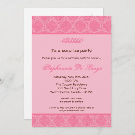 5x7 Bubblegum Damask Print Verjaardag Uitnodiging (Voorkant / Achterkant)