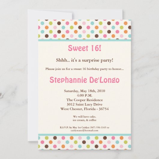 5x7 Bubblegum PolkaDot Sweet16 Verjaardag Uitnodig Kaart (Voorkant)