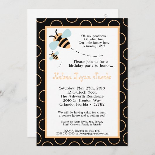 5x7 Bumble Honey Bee Invitation à la fête d'annive (Devant / Derrière)