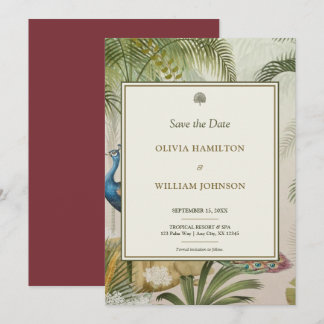 5x7 Burgandy Tropische Pauw Palm bruiloft Save The Date