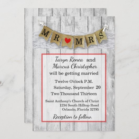 5x7 Burlap M. et Mme Banner Faire-part de mariage (Devant / Derrière)