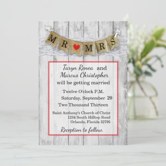 5x7 Burlap Mr. en Mrs. Banner bruiloft uitnodiging (Staand voorkant)