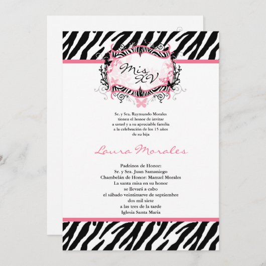 5x7 Butterfly Zebra Print Quinceanera Invitation Kaart (Voorkant / Achterkant)
