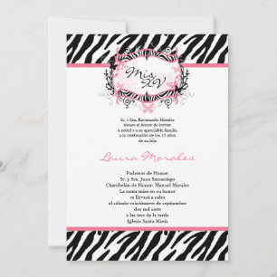 5x7 Butterfly Zebra Print Quinceanera Invitation Kaart