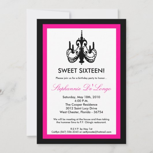 5x7 Chandelier Hot Pink 16 Invitation anniversaire (Devant)