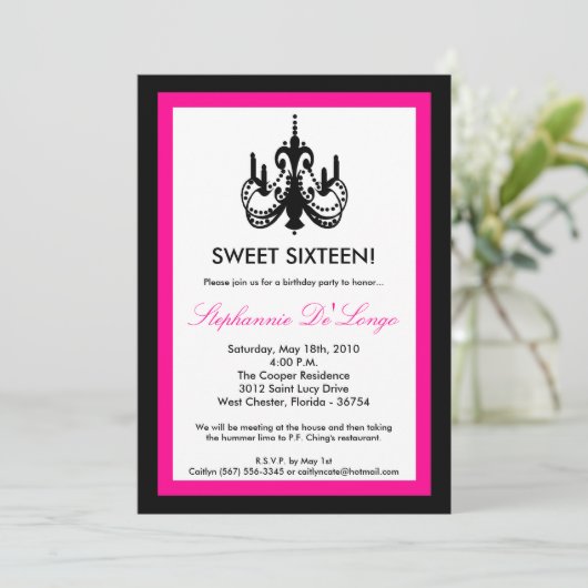 5x7 Chandelier Hot Pink 16 Invitation anniversaire (Debout devant)