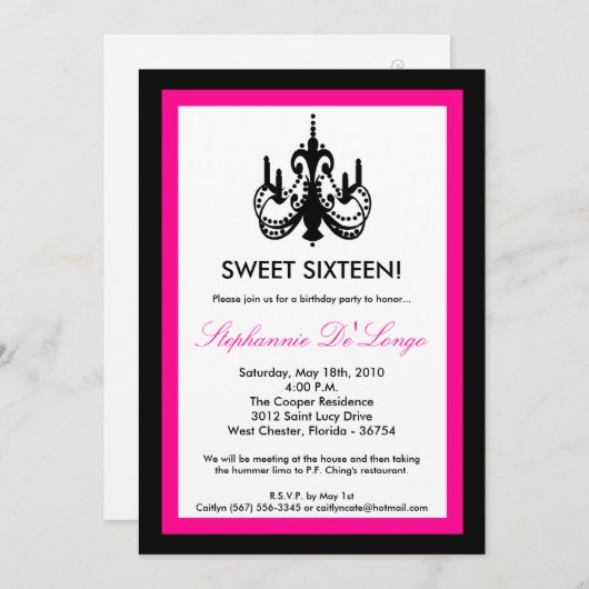 5x7 Chandelier Hot Pink 16 Invitation anniversaire (Devant / Derrière)