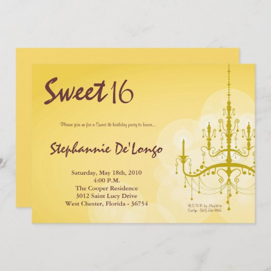 5x7 Chandelier jaune doux 16 Invitation anniversai (Devant / Derrière)