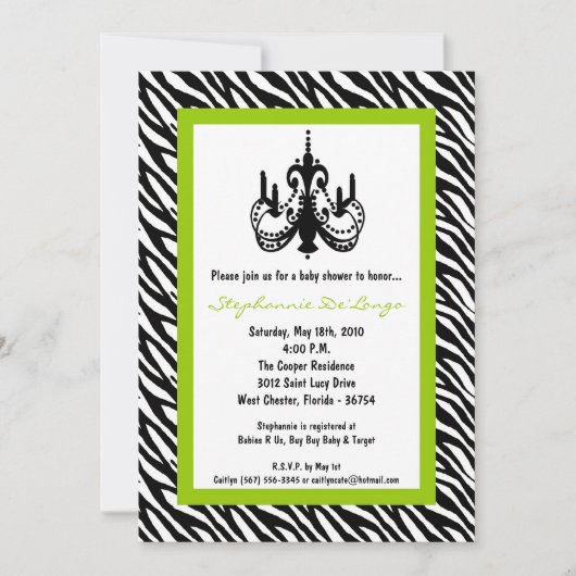 5x7 Chandelier Limoen Zebra Baby shower Uitnodigin Kaart (Voorkant)