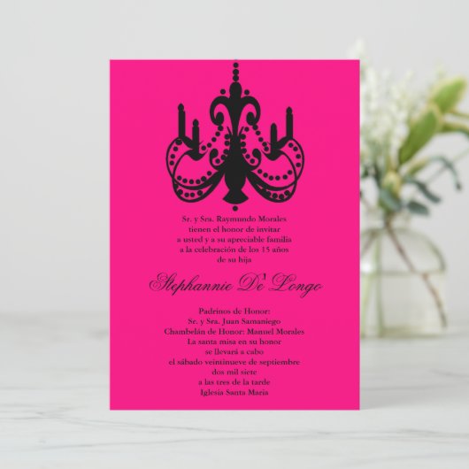 5x7 Chandelier rose Quinceanera Party Invitation (Debout devant)