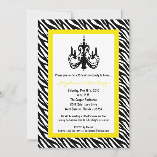 5x7 Chandelier Yell Zebra 16th Birthday Invitation Kaart (Voorkant)