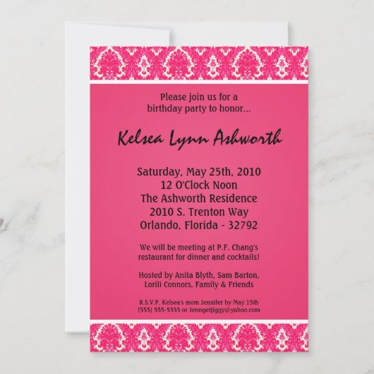 5x7 Colorée rose Damas Invitation Anniversaire (Devant)