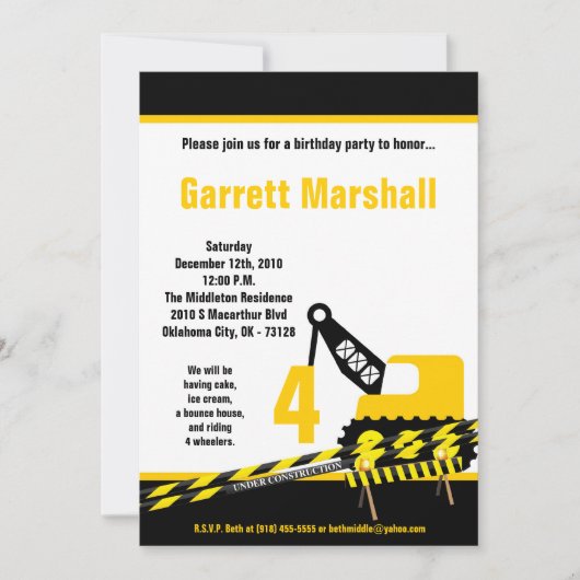 5x7 Construction Dozer Crane Birthday Invitation Kaart (Voorkant)