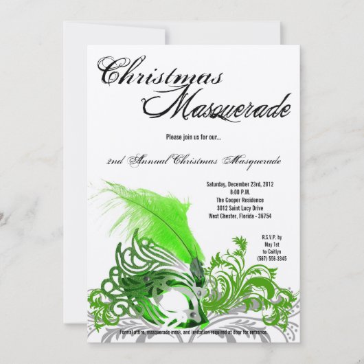 5x7 Crimson Green Masquerade Noël Invitation (Devant)
