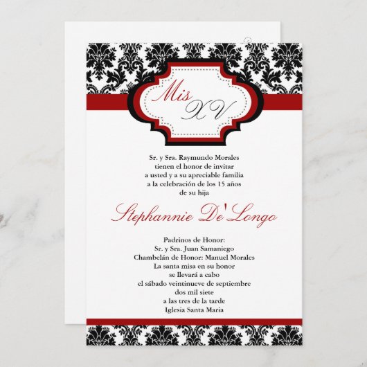 5x7 Crimson Red Damask Quinceanera Uitnodiging (Voorkant / Achterkant)