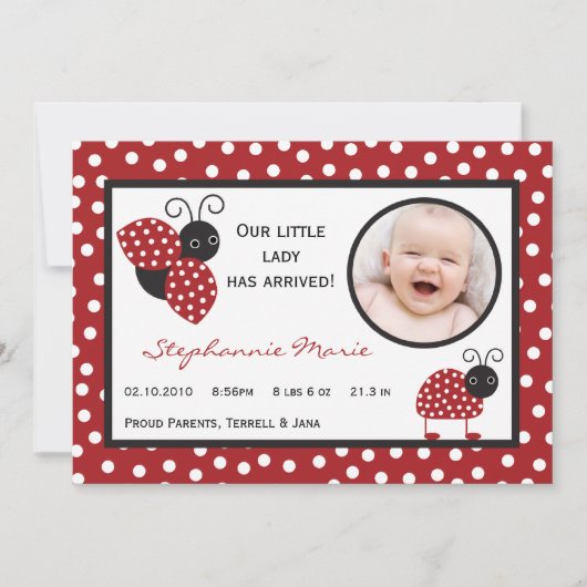 5x7 Crimson Red Lady Bug Faire-part de naissance p (Devant)