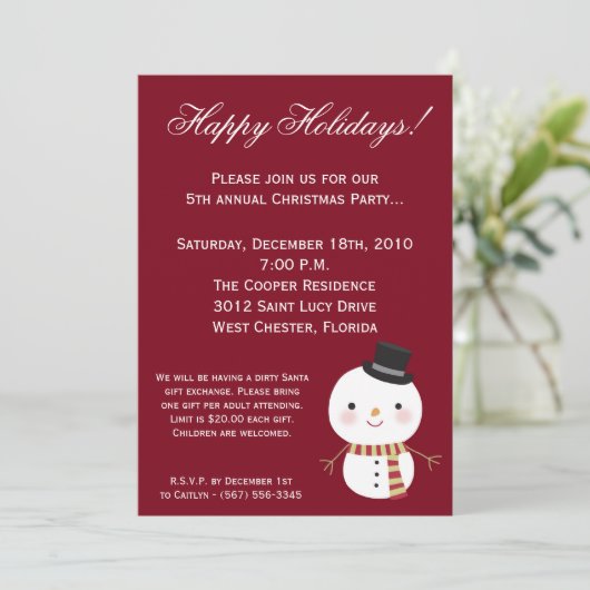 5x7 Crimson Red Snowman Christmas Party Invitation (Debout devant)