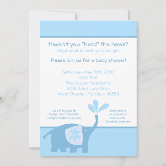 5x7 Cute Blue Elephant Baby shower Invitation (Devant)