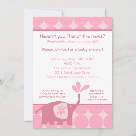 5x7 Cute Pink Elephant Baby shower Invitation Kaart (Voorkant)