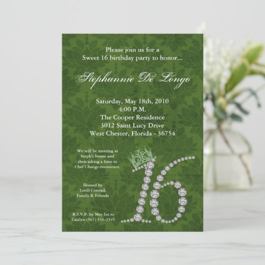 5x7 Diamond Emerald Sweet 16 Verjaardag Uitnodigin Kaart (Staand voorkant)