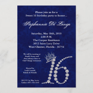 5x7 Diamond Saphire Sweet 16 Birthday Invitation Kaart