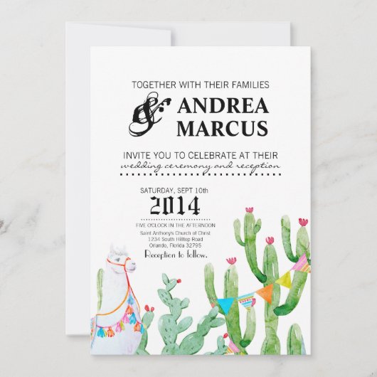 5x7 Faire-part de mariage Boho Llama Cactus bohémi (Devant)