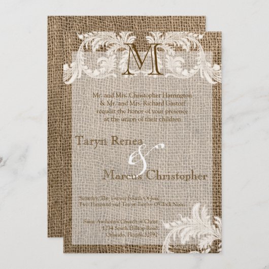 5x7 Faire-part de mariage de monogrammes de Burlap (Devant / Derrière)