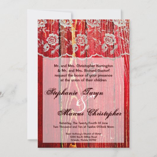5x7 Faire-part de mariage en bois rouge dentelle (Devant)