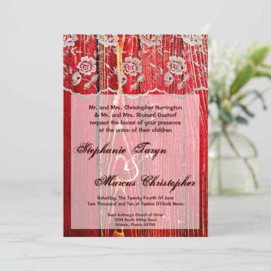 5x7 Faire-part de mariage en bois rouge dentelle (Debout devant)