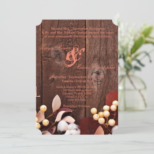 5x7 Faire-part de mariage en coton sur bois foncé (Debout devant)