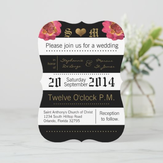 5x7 Faire-part de mariage Floral Noir à rayures mo (Debout devant)