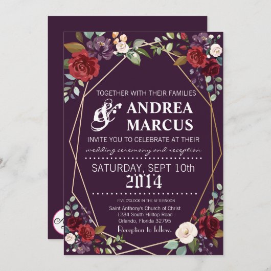 5x7 Faire-part de mariage Plum violet Rose Gold Ge (Devant / Derrière)