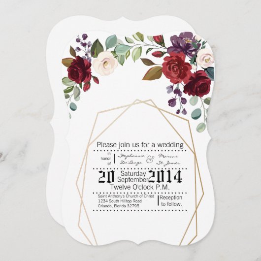 5x7 Faire-part de mariage Roses blanches Gold Geom (Devant / Derrière)