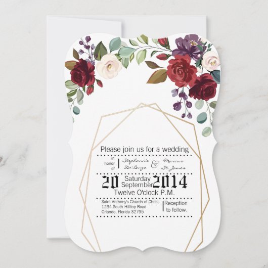 5x7 Faire-part de mariage Roses blanches Gold Geom (Devant)
