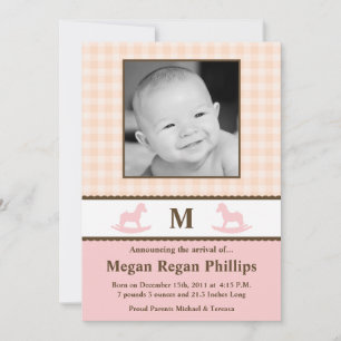 5x7 Faire-part de naissance PHOTO Monogramme rose