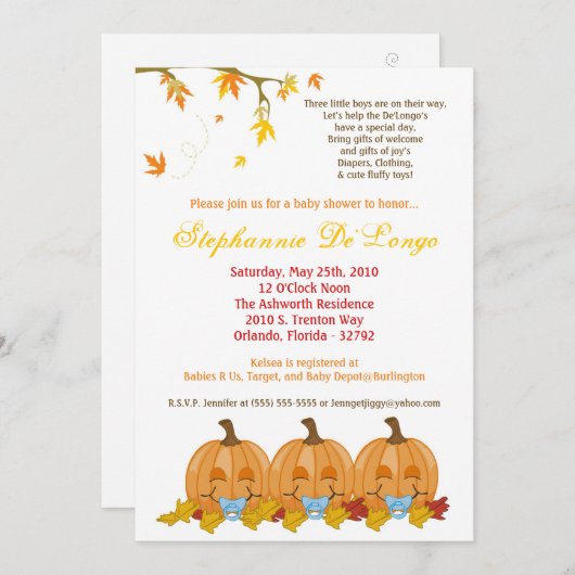 5x7 Fall Leaves TRIPLET Boy Baby shower Invitation Kaart (Voorkant / Achterkant)