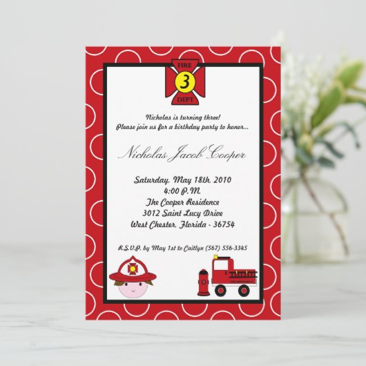 5x7 Feu de pompiers Invitation à la fête d'anniver (Debout devant)