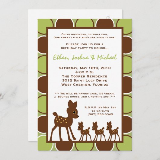 5x7 Forrest TRIPLET Baby Verjaardag Deel Uitnodigi Kaart (Voorkant / Achterkant)