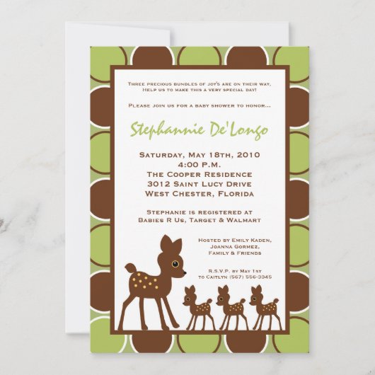 5x7 Forrest TRIPLETS Deer Baby shower Invitation (Devant)
