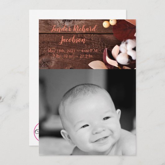 5x7 Foto Geboorte Aankondiging Army Cotton Branch (Voorkant / Achterkant)