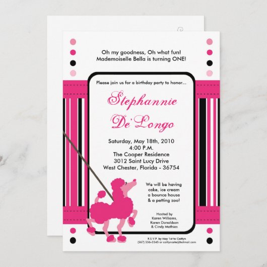 5x7 Franse roze poedel verjaardagsfeestje uitnodig Kaart (Voorkant / Achterkant)