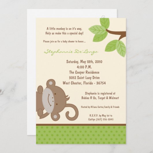 5x7 Funky Monkey Jungle Zoo Invitation Baby shower (Devant / Derrière)